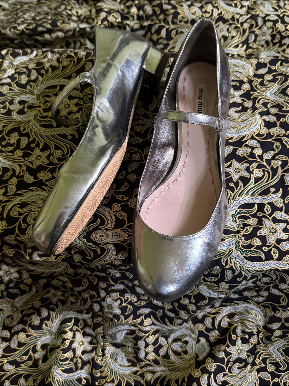 Miu Miu Metallic Silver Mary Jane Flats with Strap